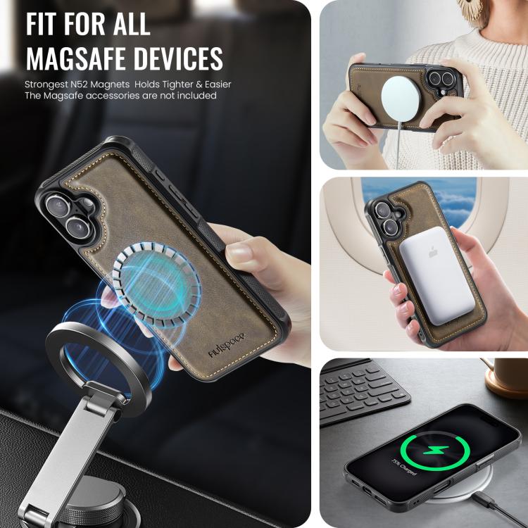 For iPhone 16 Plus AutSpace A12 MagSafe Magnetic RFID Card Bag Phone Case(Coffee) - iPhone 16 Plus Cases by AutSpace | Online Shopping UK | buy2fix