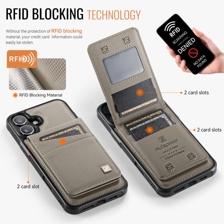 For iPhone 16 Plus AutSpace A12 MagSafe Magnetic RFID Card Bag Phone Case(Khaki) - iPhone 16 Plus Cases by AutSpace | Online Shopping UK | buy2fix