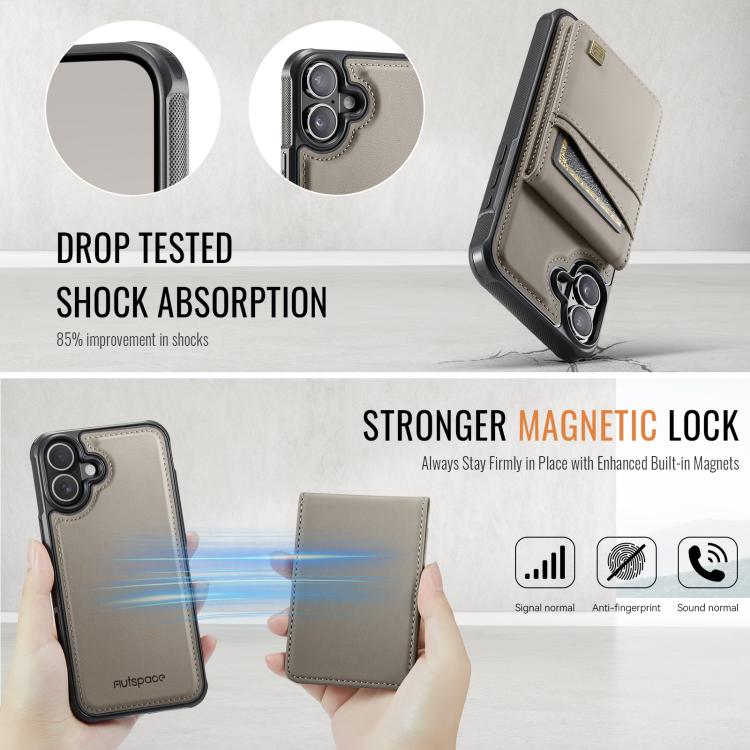 For iPhone 16 Plus AutSpace A12 MagSafe Magnetic RFID Card Bag Phone Case(Khaki) - iPhone 16 Plus Cases by AutSpace | Online Shopping UK | buy2fix