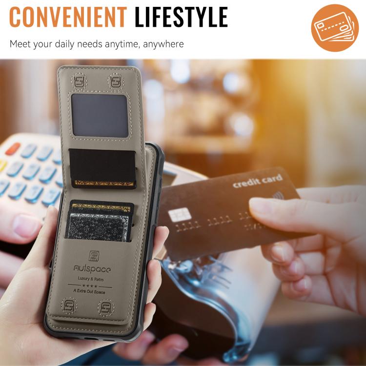 For iPhone 16 Plus AutSpace A12 MagSafe Magnetic RFID Card Bag Phone Case(Khaki) - iPhone 16 Plus Cases by AutSpace | Online Shopping UK | buy2fix