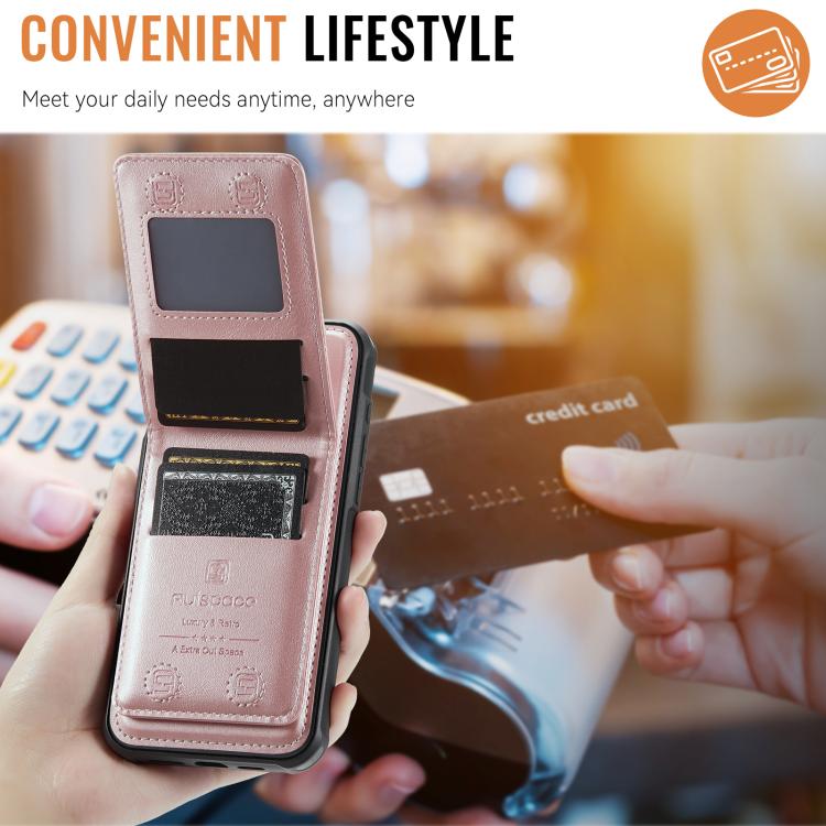 For iPhone 16 AutSpace A12 MagSafe Magnetic RFID Card Bag Phone Case(Rose Gold) - iPhone 16 Cases by AutSpace | Online Shopping UK | buy2fix