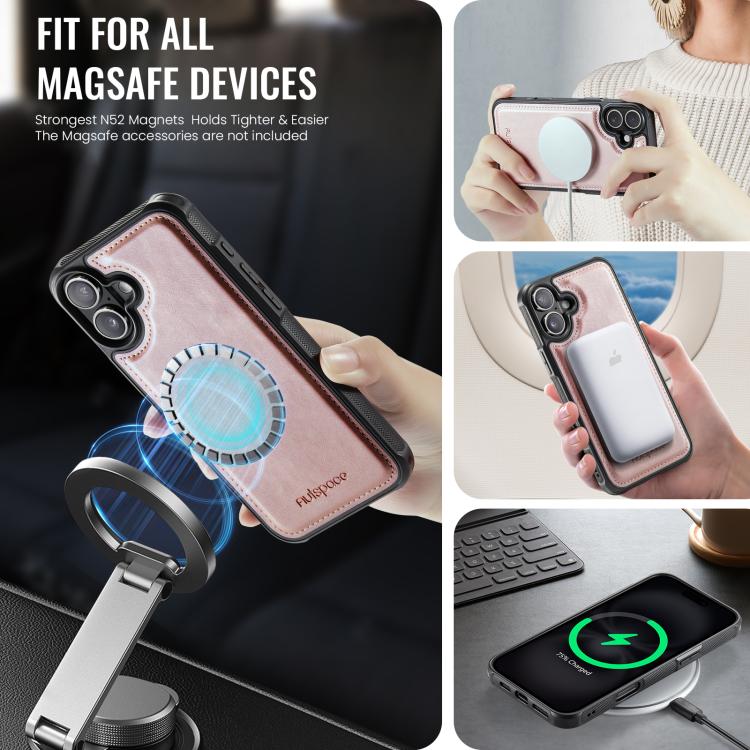 For iPhone 16 AutSpace A12 MagSafe Magnetic RFID Card Bag Phone Case(Rose Gold) - iPhone 16 Cases by AutSpace | Online Shopping UK | buy2fix
