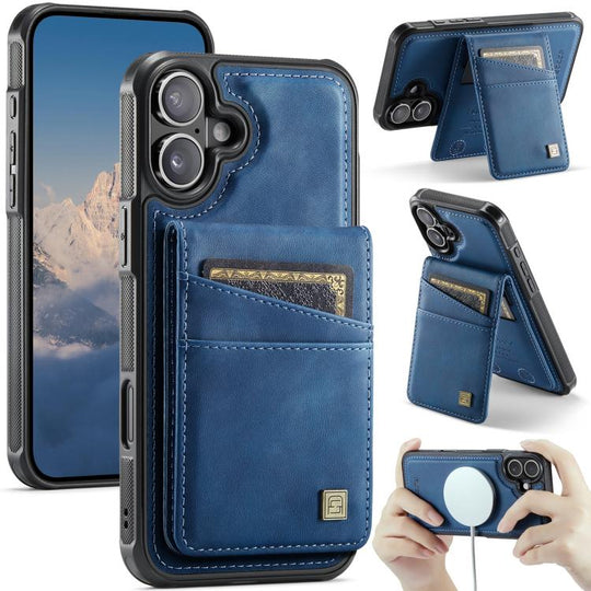 For iPhone 16 AutSpace A12 MagSafe Magnetic RFID Card Bag Phone Case(Blue)