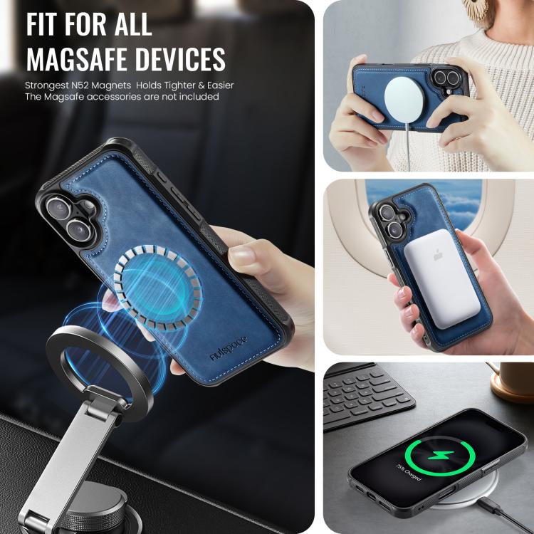 For iPhone 16 AutSpace A12 MagSafe Magnetic RFID Card Bag Phone Case(Blue) - iPhone 16 Cases by AutSpace | Online Shopping UK | buy2fix