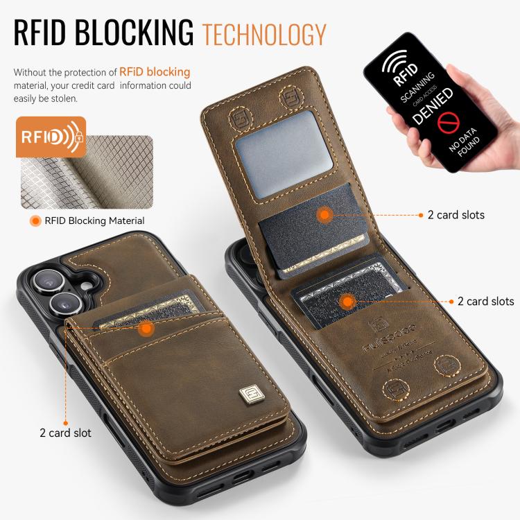 For iPhone 16 AutSpace A12 MagSafe Magnetic RFID Card Bag Phone Case(Coffee) - iPhone 16 Cases by AutSpace | Online Shopping UK | buy2fix