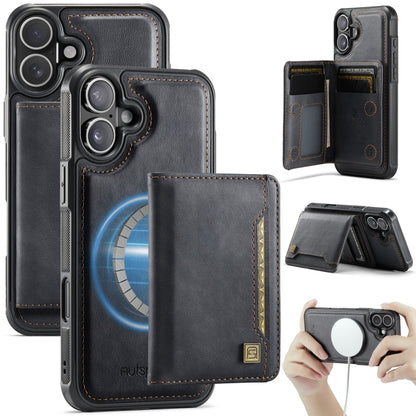 For iPhone 16 Plus AutSpace A13 MagSafe Magnetic RFID Flip Card Bag Phone Case(Black) by AutSpace