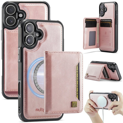 For iPhone 16 AutSpace A13 MagSafe Magnetic RFID Flip Card Bag Phone Case(Rose Gold) - iPhone 16 Cases by AutSpace | Online Shopping UK | buy2fix