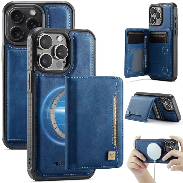 For iPhone 15 Pro Max AutSpace A13 MagSafe Magnetic RFID Flip Card Bag Phone Case(Blue) - iPhone 15 Pro Max Cases by AutSpace | Online Shopping UK | buy2fix