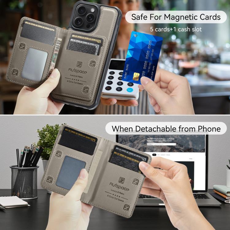 For iPhone 15 Pro Max AutSpace A13 MagSafe Magnetic RFID Flip Card Bag Phone Case(Grey) - iPhone 15 Pro Max Cases by AutSpace | Online Shopping UK | buy2fix