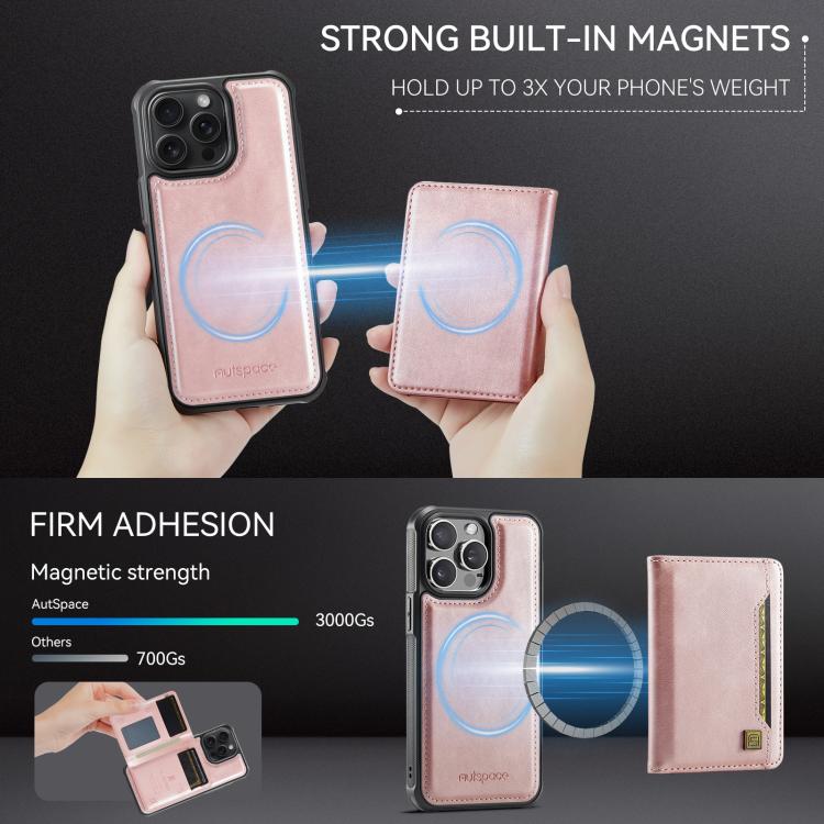 For iPhone 15 Pro AutSpace A13 MagSafe Magnetic RFID Flip Card Bag Phone Case(Rose Gold) - iPhone 15 Pro Cases by AutSpace | Online Shopping UK | buy2fix