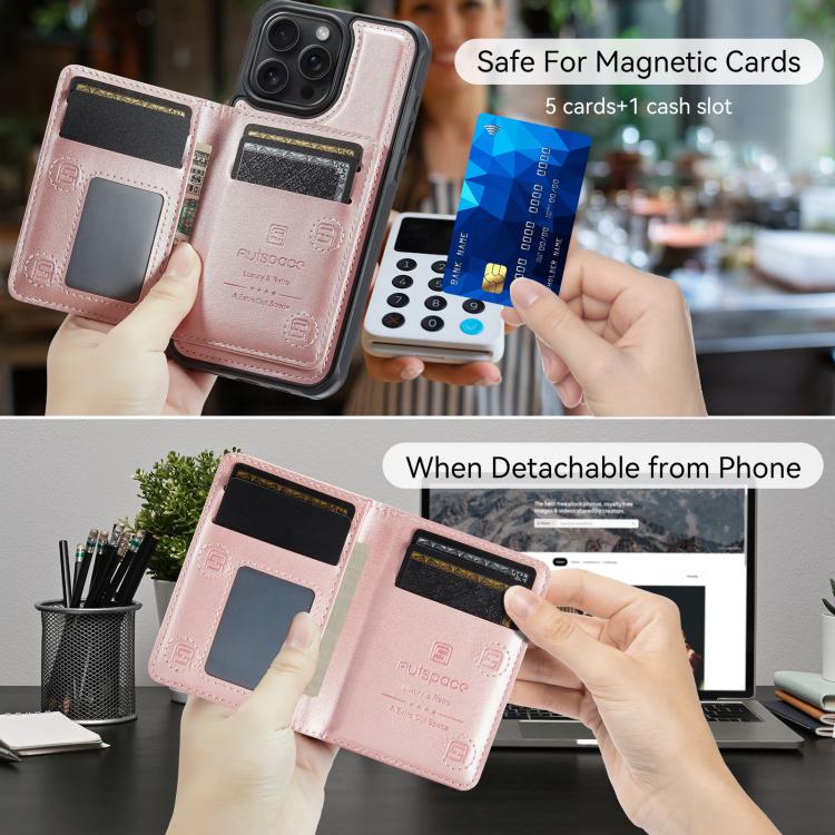 For iPhone 15 Pro AutSpace A13 MagSafe Magnetic RFID Flip Card Bag Phone Case(Rose Gold) - iPhone 15 Pro Cases by AutSpace | Online Shopping UK | buy2fix