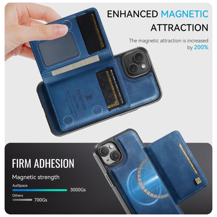 For iPhone 15 Plus AutSpace A13 MagSafe Magnetic RFID Flip Card Bag Phone Case(Blue) - iPhone 15 Plus Cases by AutSpace | Online Shopping UK | buy2fix