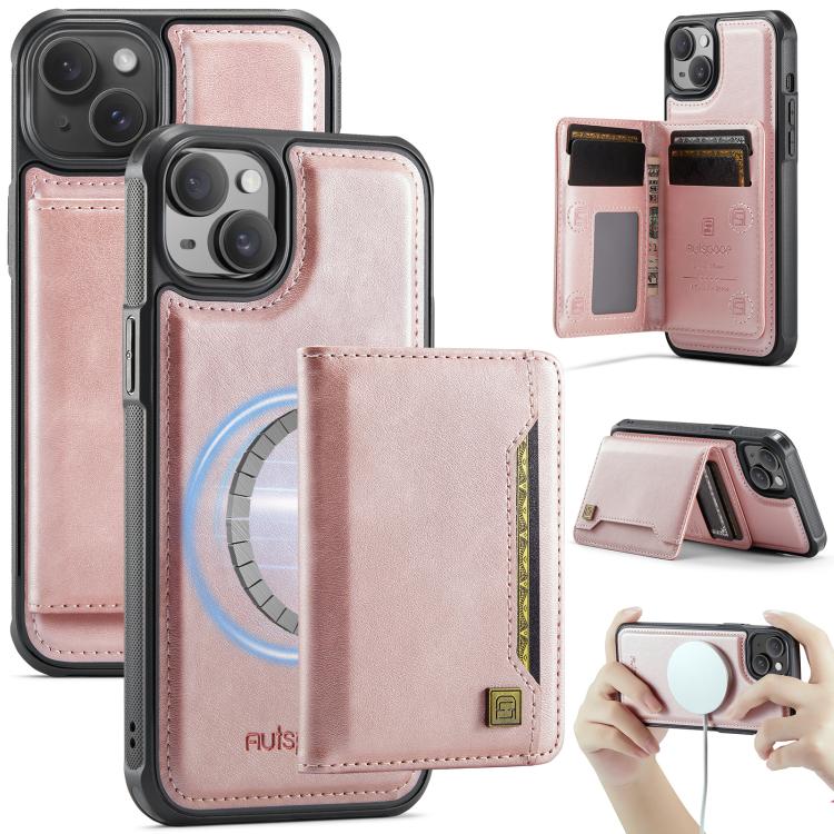 For iPhone 15 Plus AutSpace A13 MagSafe Magnetic RFID Flip Card Bag Phone Case(Rose Gold) - iPhone 15 Plus Cases by AutSpace | Online Shopping UK | buy2fix