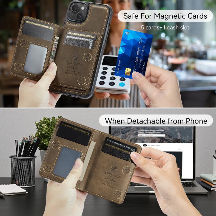 For iPhone 15 AutSpace A13 MagSafe Magnetic RFID Flip Card Bag Phone Case(Coffee) - iPhone 15 Cases by AutSpace | Online Shopping UK | buy2fix