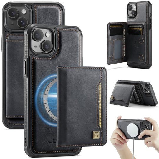 For iPhone 15 AutSpace A13 MagSafe Magnetic RFID Flip Card Bag Phone Case(Black)
