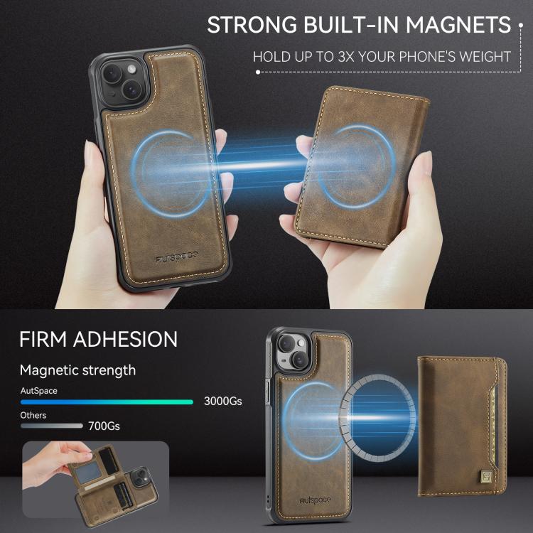For iPhone 14 Plus AutSpace A13 MagSafe Magnetic RFID Flip Card Bag Phone Case(Coffee) - iPhone 14 Plus Cases by AutSpace | Online Shopping UK | buy2fix