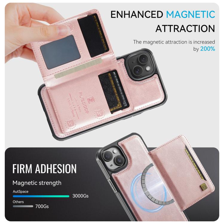 For iPhone 14 Plus AutSpace A13 MagSafe Magnetic RFID Flip Card Bag Phone Case(Rose Gold) - iPhone 14 Plus Cases by AutSpace | Online Shopping UK | buy2fix