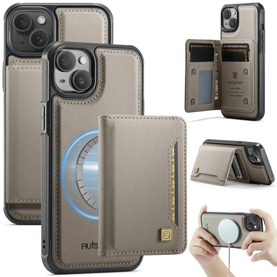 For iPhone 14 Plus AutSpace A13 MagSafe Magnetic RFID Flip Card Bag Phone Case(Grey)