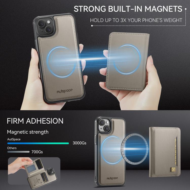 For iPhone 14 Plus AutSpace A13 MagSafe Magnetic RFID Flip Card Bag Phone Case(Grey) - iPhone 14 Plus Cases by AutSpace | Online Shopping UK | buy2fix
