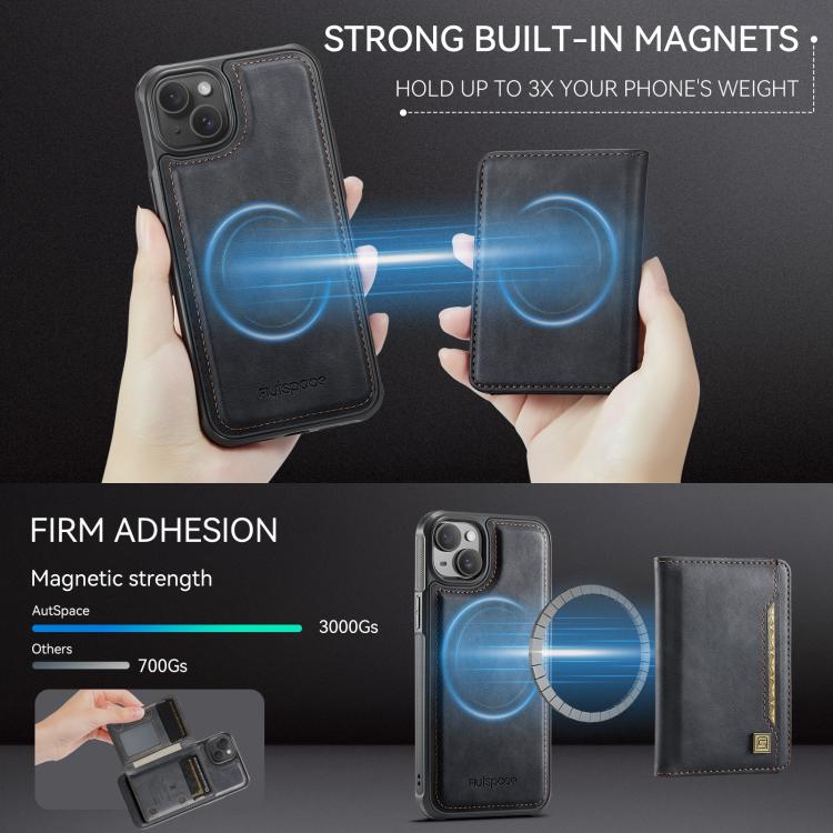 For iPhone 14 AutSpace A13 MagSafe Magnetic RFID Flip Card Bag Phone Case(Black) - iPhone 14 Cases by AutSpace | Online Shopping UK | buy2fix