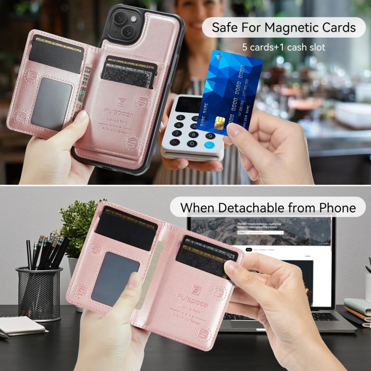 For iPhone 14 AutSpace A13 MagSafe Magnetic RFID Flip Card Bag Phone Case(Rose Gold) - iPhone 14 Cases by AutSpace | Online Shopping UK | buy2fix
