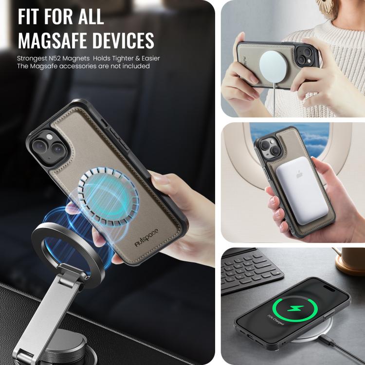 For iPhone 14 AutSpace A13 MagSafe Magnetic RFID Flip Card Bag Phone Case(Grey) - iPhone 14 Cases by AutSpace | Online Shopping UK | buy2fix