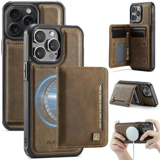 For iPhone 14 Pro Max AutSpace A13 MagSafe Magnetic RFID Flip Card Bag Phone Case(Coffee)