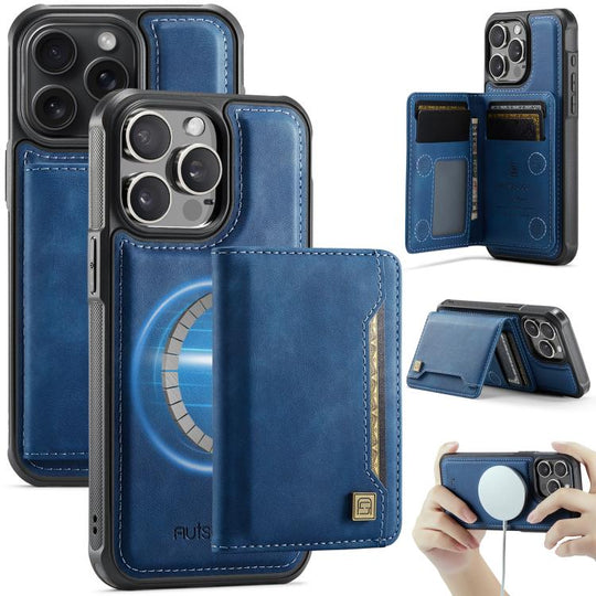 For iPhone 13 Pro AutSpace A13 MagSafe Magnetic RFID Flip Card Bag Phone Case(Blue)
