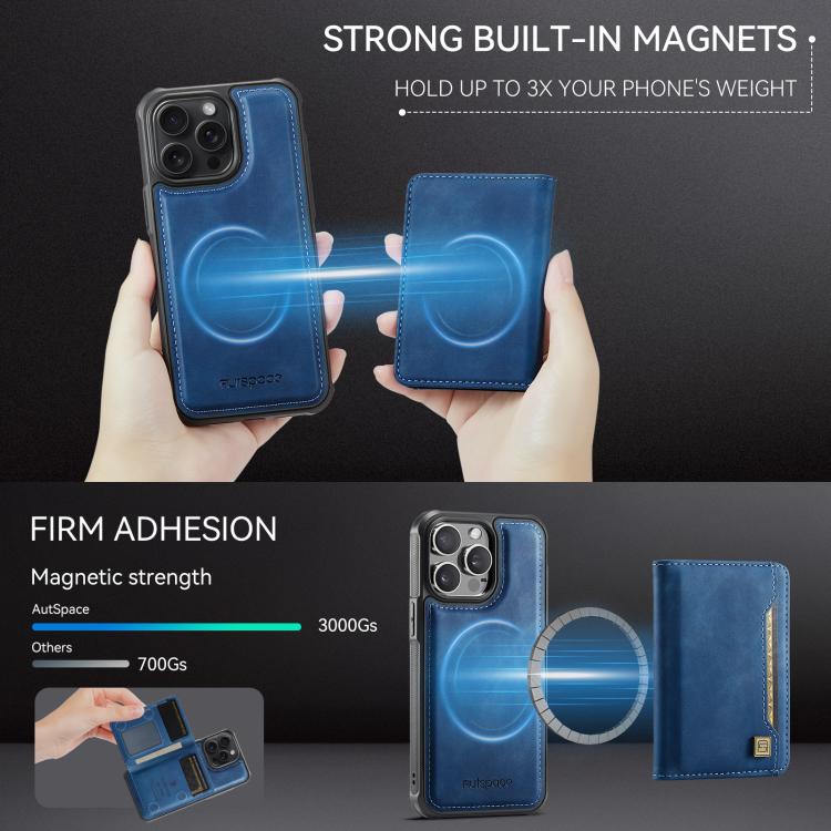 For iPhone 13 Pro AutSpace A13 MagSafe Magnetic RFID Flip Card Bag Phone Case(Blue) - iPhone 13 Pro Cases by AutSpace | Online Shopping UK | buy2fix