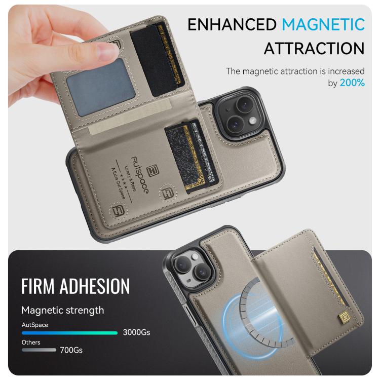 For iPhone 13 AutSpace A13 MagSafe Magnetic RFID Flip Card Bag Phone Case(Grey) - iPhone 13 Cases by AutSpace | Online Shopping UK | buy2fix