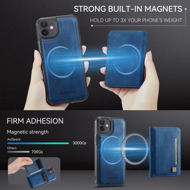 For iPhone 12 AutSpace A13 MagSafe Magnetic RFID Flip Card Bag Phone Case(Blue) - iPhone 12 / 12 Pro Cases by AutSpace | Online Shopping UK | buy2fix