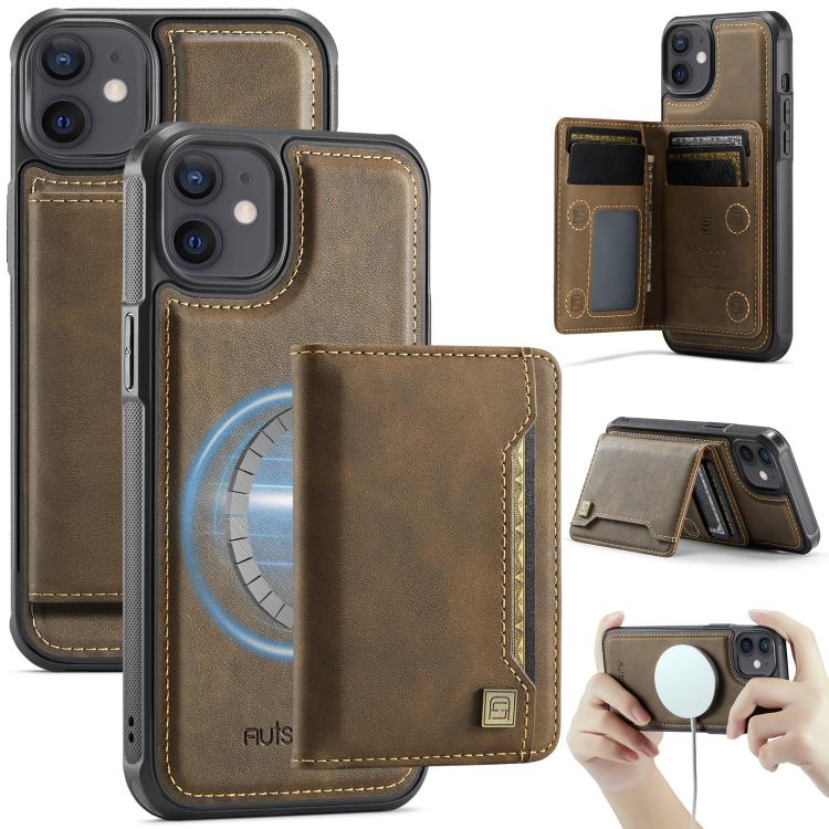 For iPhone 12 AutSpace A13 MagSafe Magnetic RFID Flip Card Bag Phone Case(Coffee) - iPhone 12 / 12 Pro Cases by AutSpace | Online Shopping UK | buy2fix