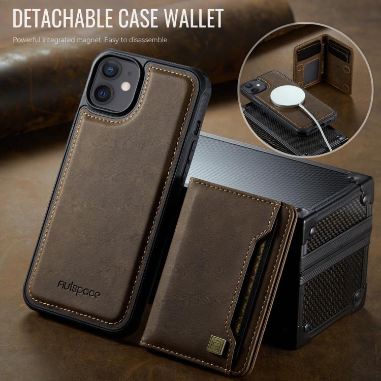 For iPhone 12 AutSpace A13 MagSafe Magnetic RFID Flip Card Bag Phone Case(Coffee) - iPhone 12 / 12 Pro Cases by AutSpace | Online Shopping UK | buy2fix