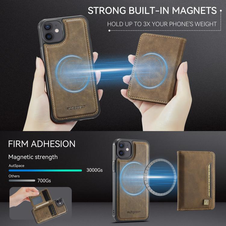 For iPhone 12 AutSpace A13 MagSafe Magnetic RFID Flip Card Bag Phone Case(Coffee) - iPhone 12 / 12 Pro Cases by AutSpace | Online Shopping UK | buy2fix