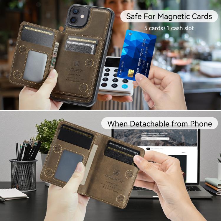 For iPhone 12 AutSpace A13 MagSafe Magnetic RFID Flip Card Bag Phone Case(Coffee) - iPhone 12 / 12 Pro Cases by AutSpace | Online Shopping UK | buy2fix
