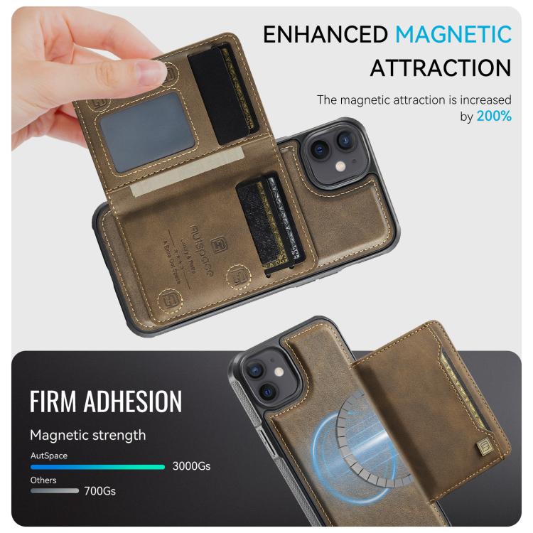 For iPhone 12 AutSpace A13 MagSafe Magnetic RFID Flip Card Bag Phone Case(Coffee) - iPhone 12 / 12 Pro Cases by AutSpace | Online Shopping UK | buy2fix