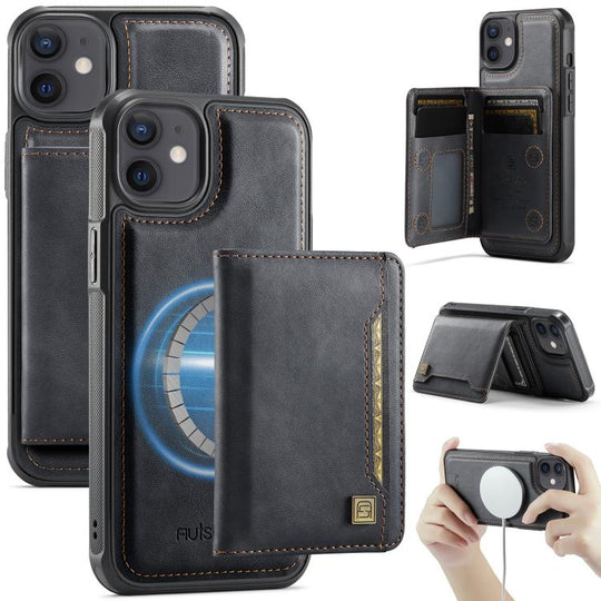 For iPhone 12 AutSpace A13 MagSafe Magnetic RFID Flip Card Bag Phone Case(Black)