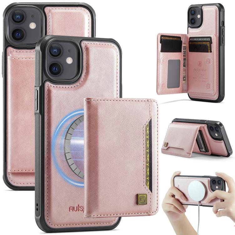 For iPhone 12 AutSpace A13 MagSafe Magnetic RFID Flip Card Bag Phone Case(Rose Gold) - iPhone 12 / 12 Pro Cases by AutSpace | Online Shopping UK | buy2fix