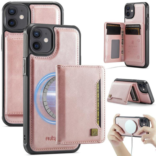 For iPhone 12 AutSpace A13 MagSafe Magnetic RFID Flip Card Bag Phone Case(Rose Gold) - iPhone 12 / 12 Pro Cases by AutSpace | Online Shopping UK | buy2fix