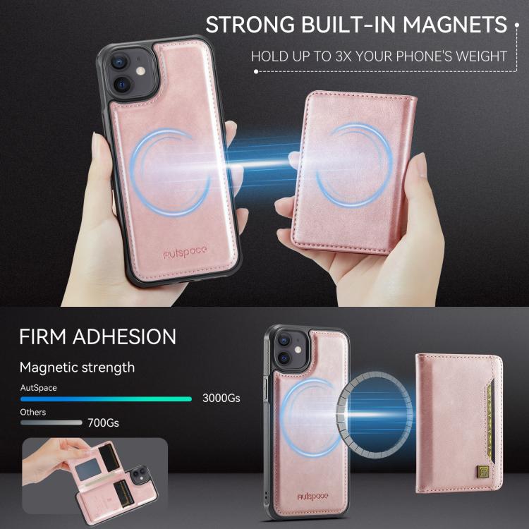 For iPhone 12 AutSpace A13 MagSafe Magnetic RFID Flip Card Bag Phone Case(Rose Gold) - iPhone 12 / 12 Pro Cases by AutSpace | Online Shopping UK | buy2fix