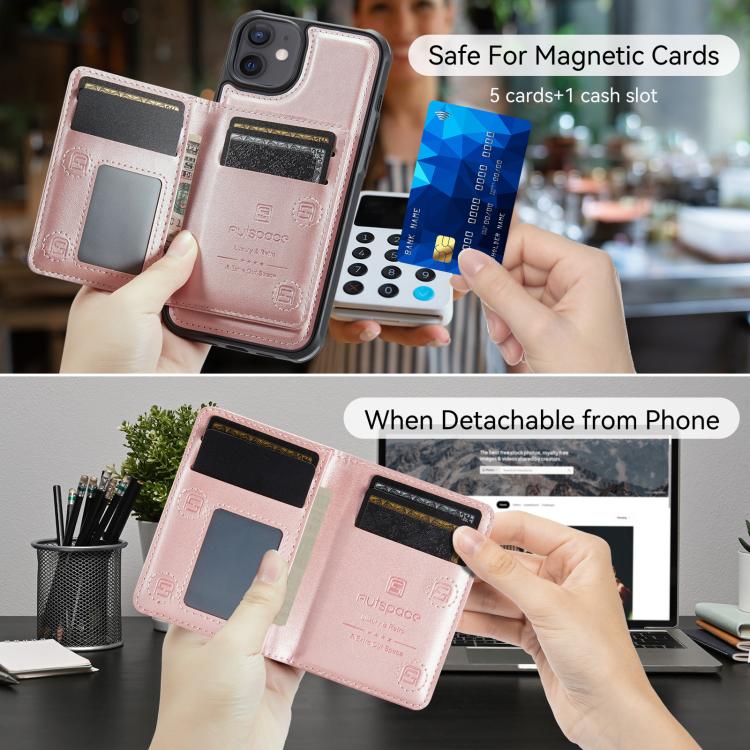 For iPhone 12 AutSpace A13 MagSafe Magnetic RFID Flip Card Bag Phone Case(Rose Gold) - iPhone 12 / 12 Pro Cases by AutSpace | Online Shopping UK | buy2fix
