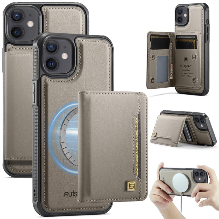 For iPhone 12 AutSpace A13 MagSafe Magnetic RFID Flip Card Bag Phone Case(Grey) - iPhone 12 / 12 Pro Cases by AutSpace | Online Shopping UK | buy2fix