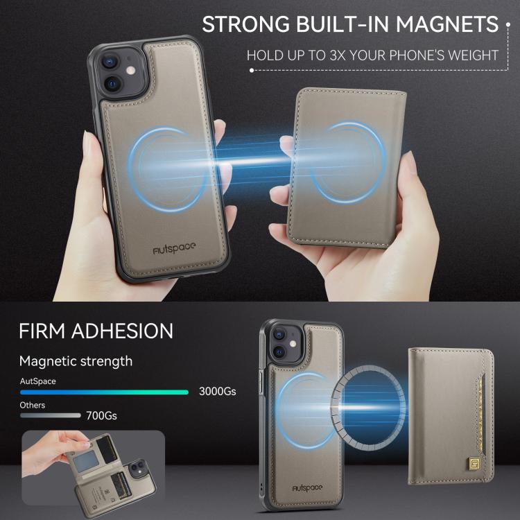 For iPhone 12 AutSpace A13 MagSafe Magnetic RFID Flip Card Bag Phone Case(Grey) - iPhone 12 / 12 Pro Cases by AutSpace | Online Shopping UK | buy2fix