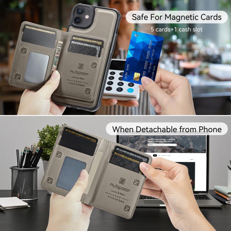 For iPhone 12 AutSpace A13 MagSafe Magnetic RFID Flip Card Bag Phone Case(Grey) - iPhone 12 / 12 Pro Cases by AutSpace | Online Shopping UK | buy2fix