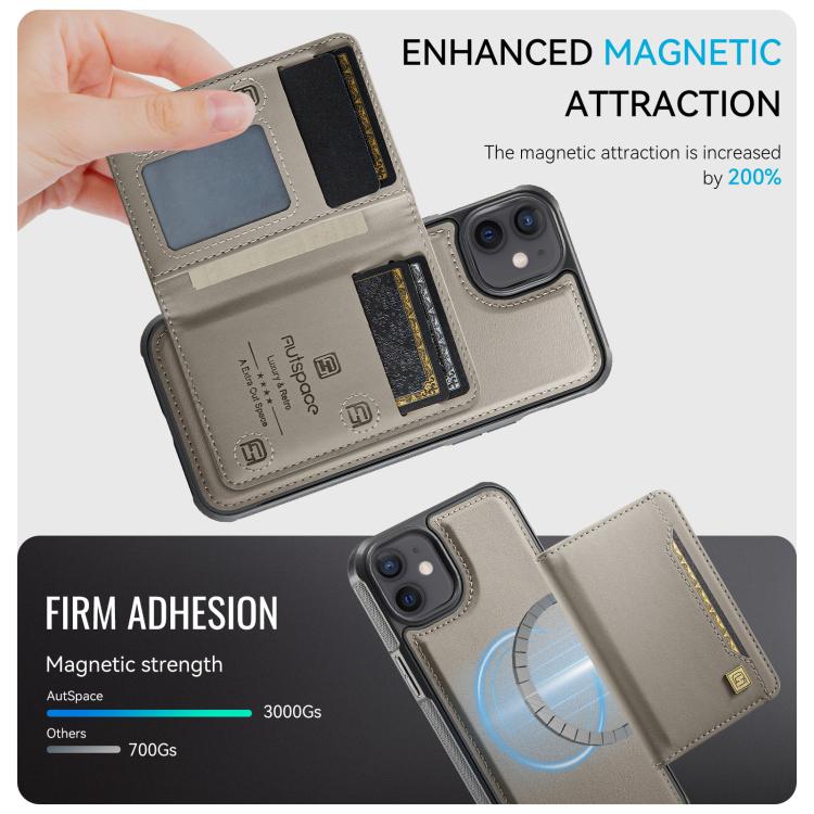 For iPhone 12 AutSpace A13 MagSafe Magnetic RFID Flip Card Bag Phone Case(Grey) - iPhone 12 / 12 Pro Cases by AutSpace | Online Shopping UK | buy2fix