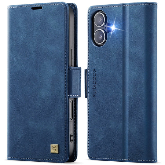 For iPhone 16 AutSpace A11 Side Buckle MagSafe Magnetic RFID Phone Leather Case(Blue)