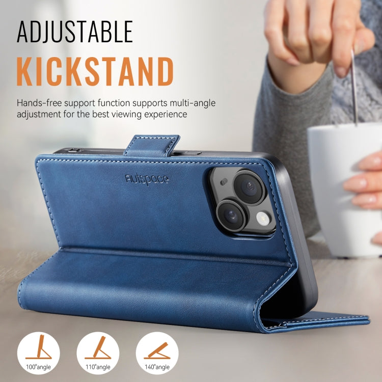 For iPhone 15 Plus AutSpace A11 Side Buckle MagSafe Magnetic RFID Phone Leather Case(Blue) - iPhone 15 Plus Cases by AutSpace | Online Shopping UK | buy2fix