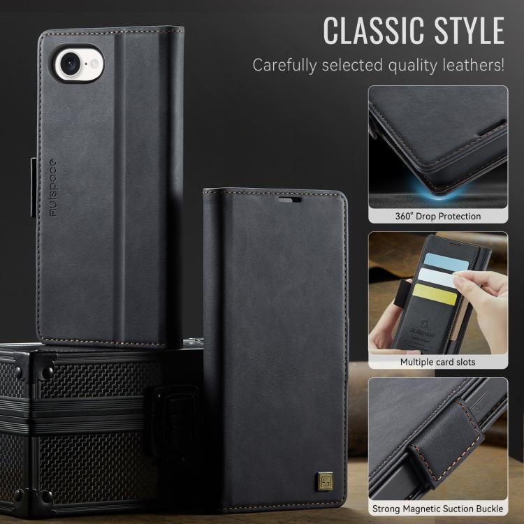 For iPhone 16e AutSpace A11 Side Buckle MagSafe Magnetic RFID Phone Leather Case(Black) - iPhone 16e Cases by AutSpace | Online Shopping UK | buy2fix