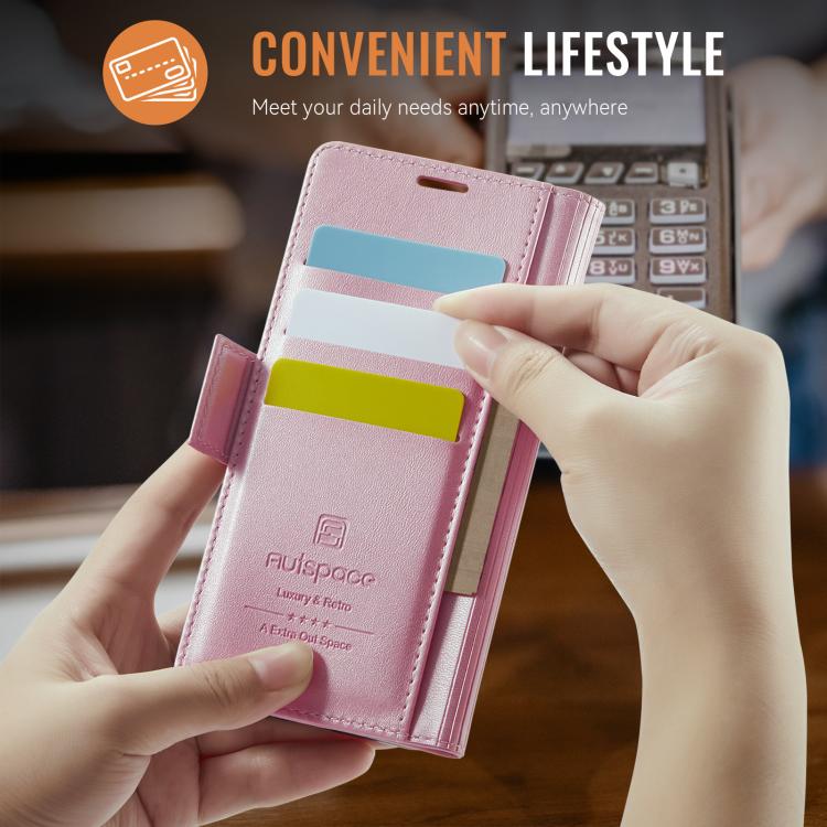 For iPhone 16e AutSpace A11 Side Buckle MagSafe Magnetic RFID Phone Leather Case(Rose Gold) - iPhone 16e Cases by AutSpace | Online Shopping UK | buy2fix