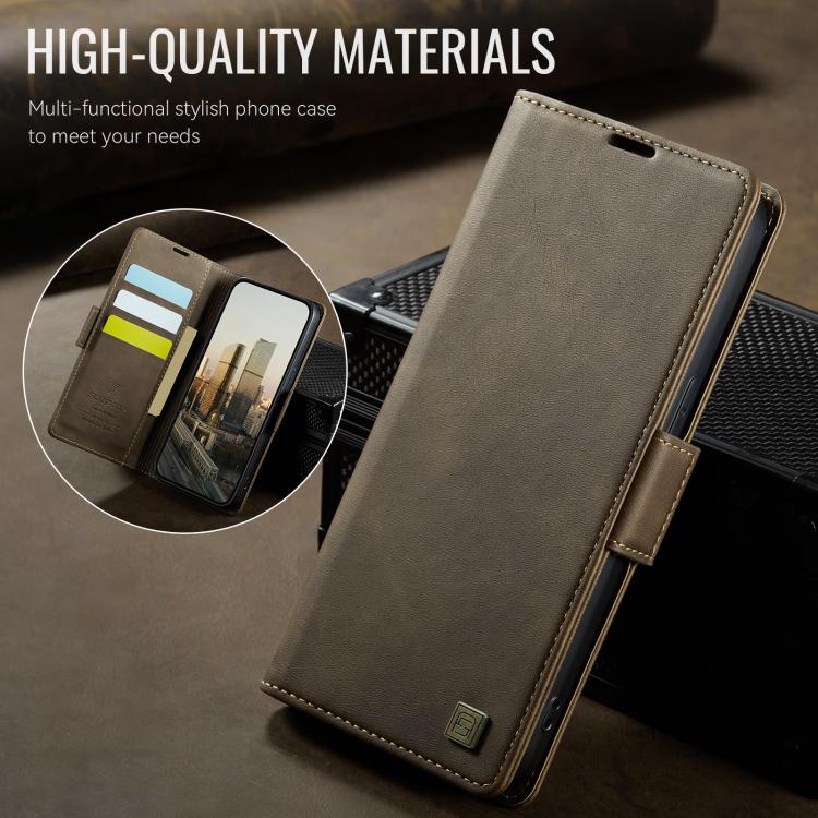 For iPhone 16e AutSpace A11 Side Buckle MagSafe Magnetic RFID Phone Leather Case(Coffee) - iPhone 16e Cases by AutSpace | Online Shopping UK | buy2fix